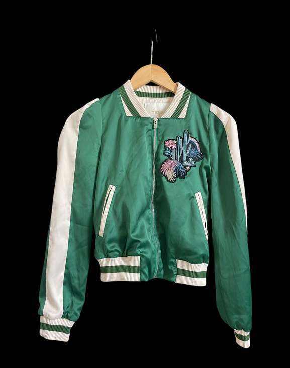 Maje Bacary Emerald Green Satin Embroidered Cactus Bomber Jacket